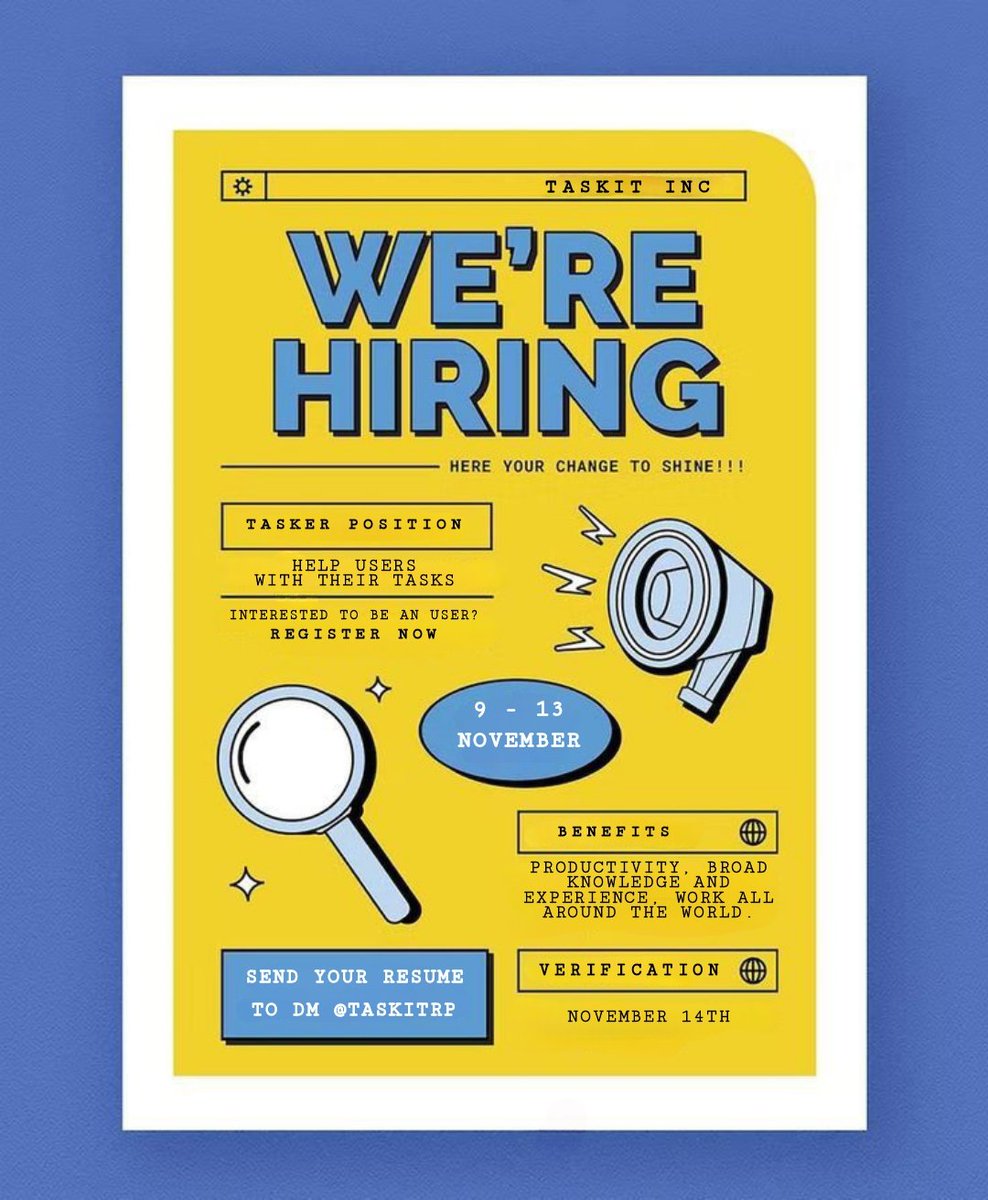 ㅤ
ㅤㅤㅤ𝐇𝐈𝐑𝐈𝐍𝐆 𝐍𝐎𝐖!!

{ This project is available for every genre and purposed to connect people with similar interests. Any kind of tasks is allowed, any kind of applicants is welcomed to work with us. }

taskit.carrd.co