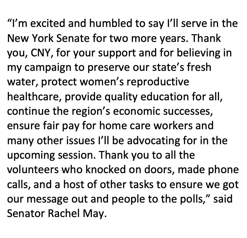 RachelMayNY's tweet photo. We did it! Thank you, Central New York, for reelecting me to the New York State Senate! 
#election2022 https://t.co/CqxWTfdemm