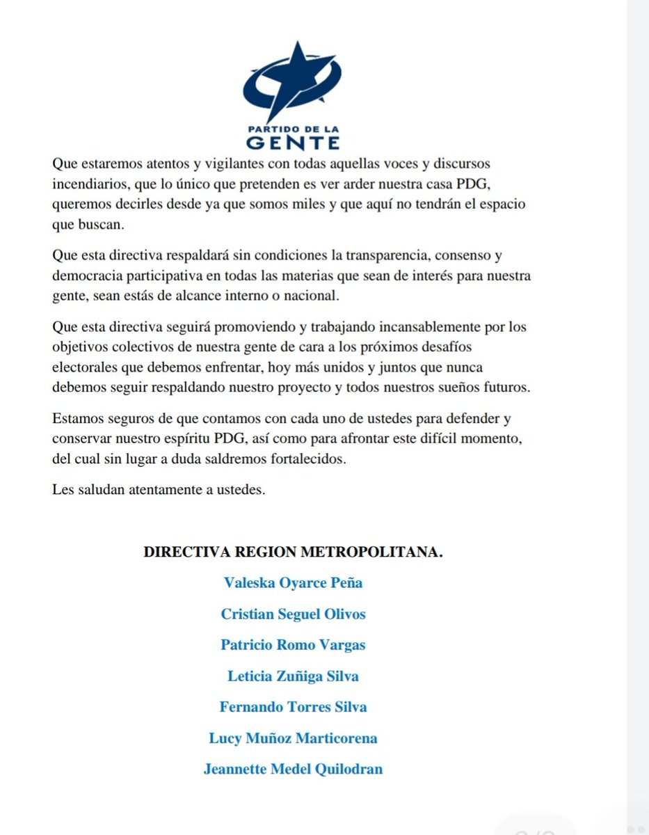 alejaraquiroz's tweet photo. Atención, comunicado directiva región metropolitana partido de la gente @ChilePDGcl #PDG #pdg2026 #pdgrm #SomosFamilia #somospdg #familiapdg @T13 @24HorasTVN @Mega @CHv @LaRedTV @AgriculturaFM @magica_radio https://t.co/ehQecYcfIP