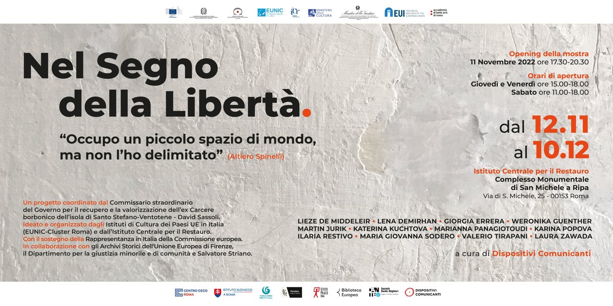 Dal 12 novembre al 10 dicembre 2022  l'ICR ospita  la mostra🦋 "Nel segno della Libertà. Occupo un piccolo spazio di mondo, ma non l'ho delimitato" (Altiero Spinelli) 🦋
Biglietto gratuito con prenotazione obbligatoria  su Eventbrite eventbrite.com/e/biglietti-ne…