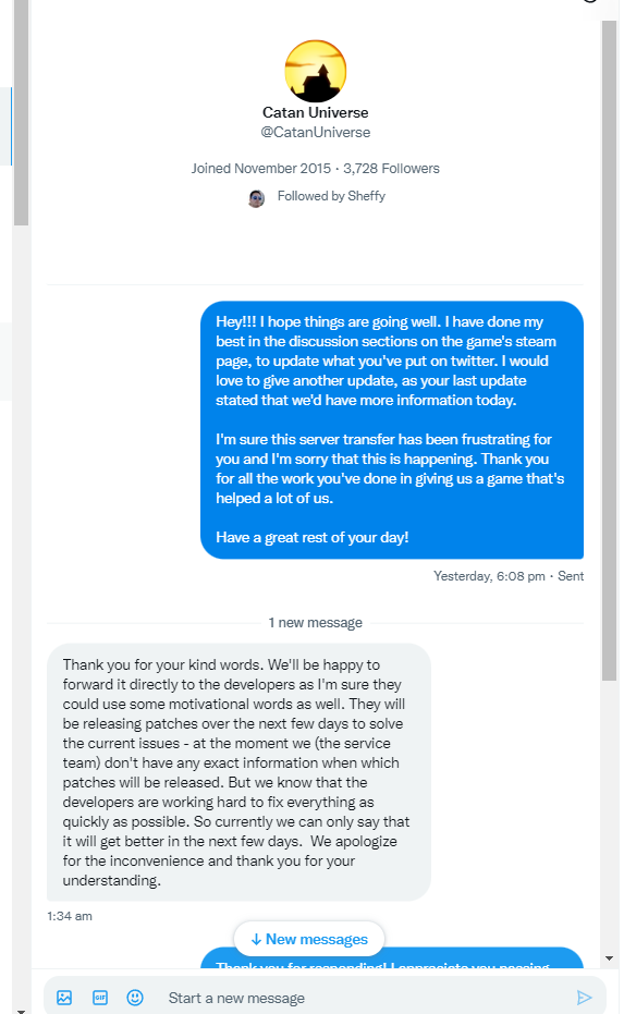 boonetowned's tweet photo. Couldn't post it in the discussions on steam, so i'm posting it here for anyone that needs it. @CatanUniverse service team response. 

Please be patient with them. https://t.co/PgDLj7zcHT