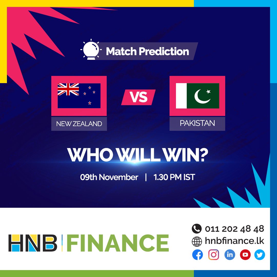 HNBFinance's tweet photo. It's game day!🏏 Who do you think will win?🤩 Who will score the most runs?🤔 Who will get the most wickets?😮 Comment your answers.
 #HNBFINANCE #nzvspak  #T20WorldCup https://t.co/6oZ12LoS5T