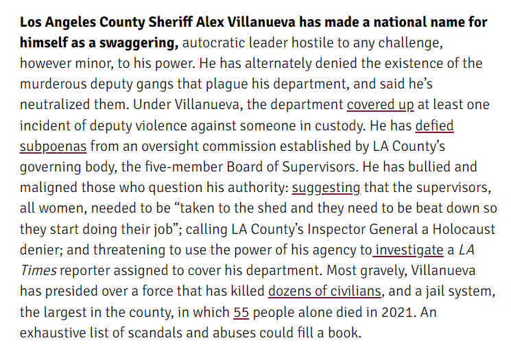 Los Angeles County Sheriff Alex Villanueva is being *demolished* in the first batch of nearly 800K ballots. 63% to 37%. Who is Villanueva? Please read the first paragraph of this @PiperSFrench piece. boltsmag.org/unease-in-los-…