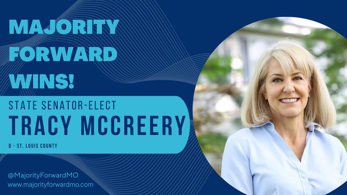 MajorityFwdMO's tweet photo. WIN!!! @TracyMcCreery has won her election to the Missouri State Senate! This is a HUGE victory and a big win for the families, communities, schools, &amp; job creators in St. Louis County.

Congratulations to Senator-elect McCreery! Another Majority Forward Win for Missouri! #moleg https://t.co/qVM2N3L3OS