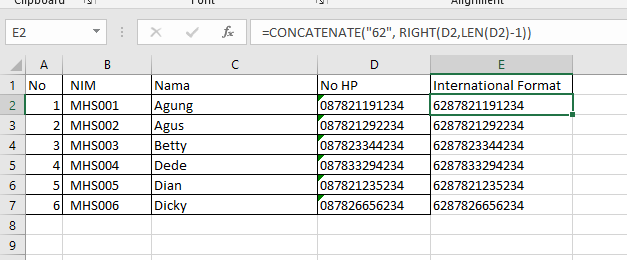 prkdlx's tweet photo. Pertama, kamu harus buat kolom utk mengubah nomor HP jadi format internasional (62), caranya cukup gunakan formula ini:
=CONCATENATE("62", RIGHT(D2,LEN(D2)-1))

Fungsi "RIGHT(D2,LEN(D2)-1)" ini adalah utk menghilangkan angka "0" di awal nomor sebelum diganti dgn angka "62" https://t.co/lvdGQLgk92
