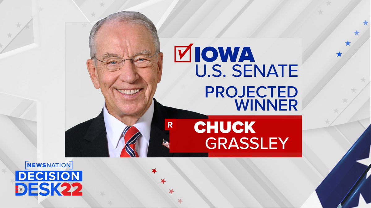 NewsNation's tweet image. IOWA RACE CALLED: Incumbent Republican @GrassleyWorks is projected to win the #IowaSenate race, according to @NewsNation / @DecisionDeskHQ. #Election2022 #Iowa Live Updates: trib.al/YCw7kp0