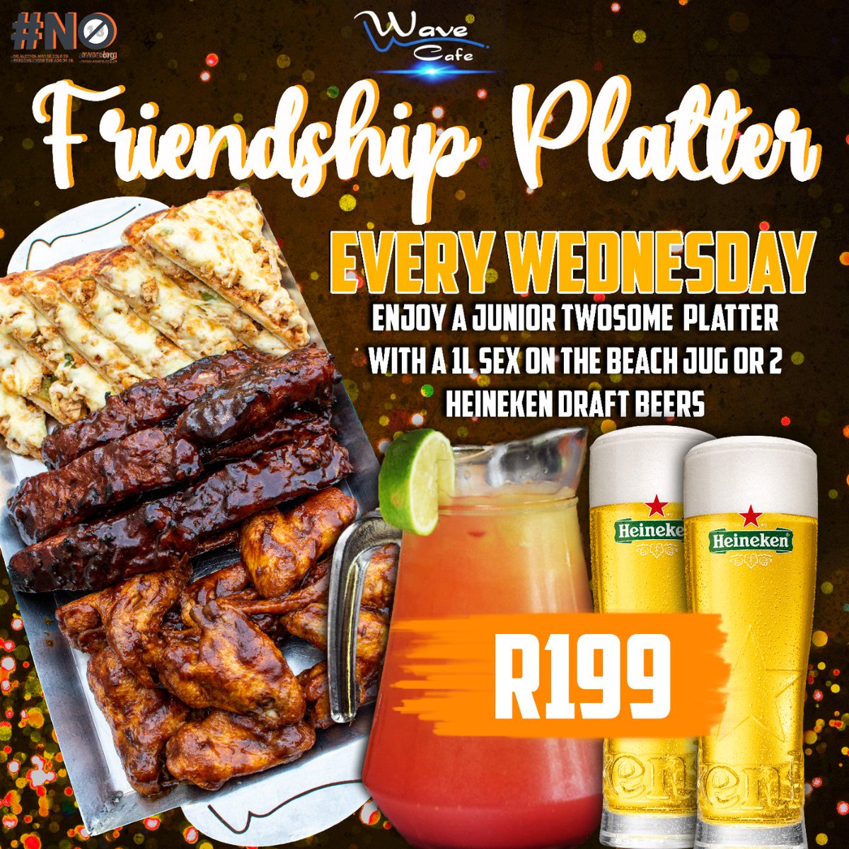 WaveCafeSA's tweet photo. Celebrate friendship at Wave Cafe this Wednesday😍 Order a Friendship #platter(a Junior Twosome Platter with either a 1L Sex on the Beach Jug or 2 Heineken Draft for the amazing low price of R199! Sit down only.#wavecafesa #Fivewaysmall, #Empangeni. 0357721148 or 0648458478. https://t.co/AygXNR7dti