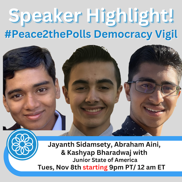 PeaceAlliance's tweet photo. We welcome 4 members of the @jrstateamerica into our #Peace2thePolls Democracy Vigil to speak on Combatting Political Apathy in Youth. Come into the zoom room and celebrate these young men for their participation and commitment! They are the future! You'll find the link in bio https://t.co/f0Ne8wh3gq