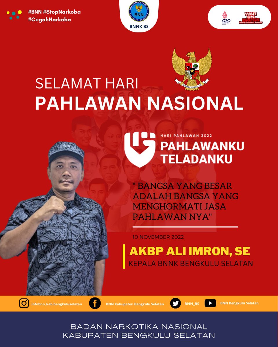BNNK_BS's tweet photo. KEPALA BNNK BENGKULU SELATAN BESERTA STAF MENGUCAPKAN
SELAMAT HARI PAHLAWAN NASIONAL KE-77 TAHUN 2022
"Pahlawanku Teladanku".
@infobnn_ri
@infobnn_prov_bengkulu
@infobnn_kota_bengkulu
#sumpahpemuda94
#sumpahpemuda
#lawannarkoba
#CegahNarkoba
#wajiblapor
#warondrugs https://t.co/9Es0p9EGGV