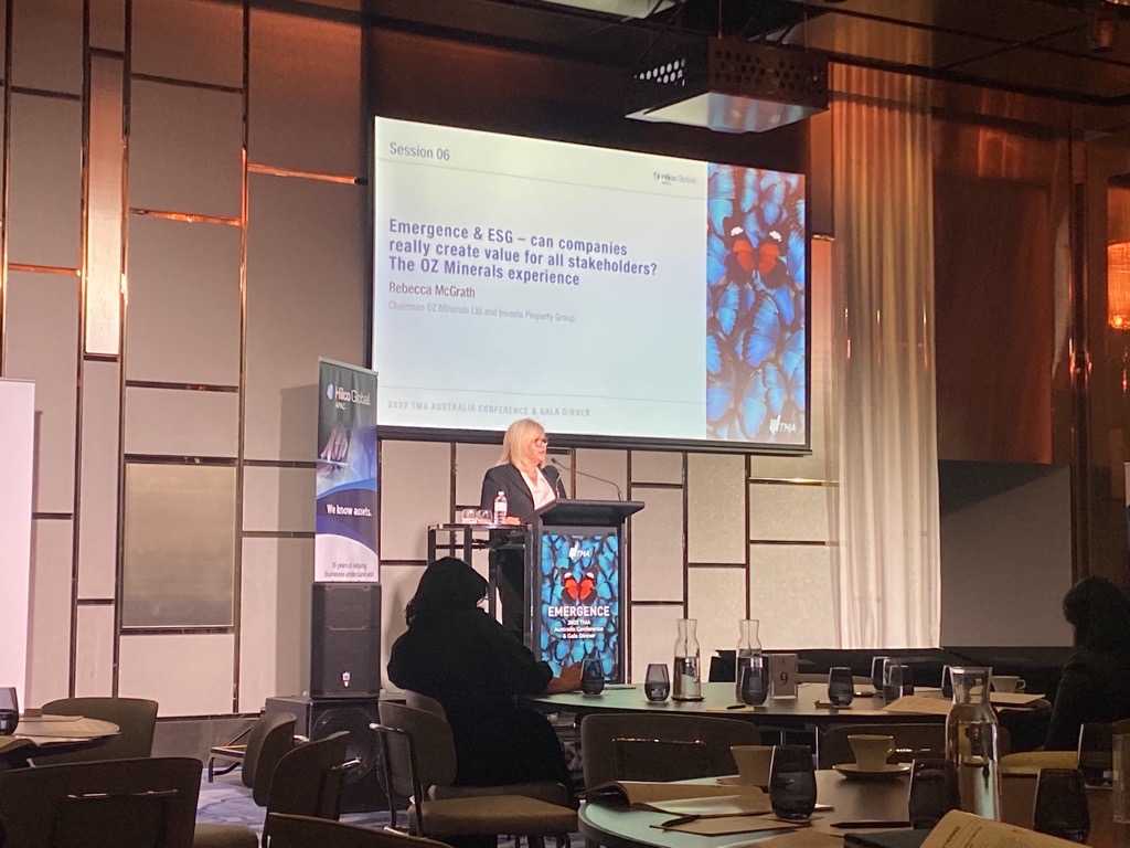 Another amazing TMA Australia Conference session by @OZMinerals Chair, Rebecca McGrath under the theme of “Emergence and ESG”. Can companies truly create value for all stakeholders?

Thanks to session sponsor, <a href="/HilcoAPAC/">Hilco Global APAC</a>

#tmaconf22 #tmaaustralia #tma22 #turnaroundmanagement