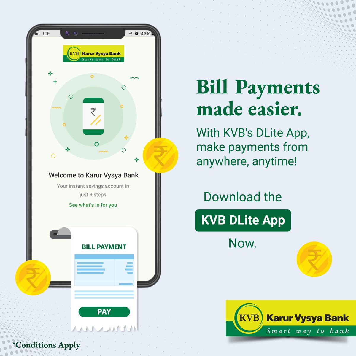 KarurVysyaBank_'s tweet photo. KVB's DLite App makes your life and payment of bills easy and convenient.

Download the DLite app, now: 
https://t.co/humkmuFYP8  

#KVB #KarurVysyaBank #SmartWayToBank #Bank #Banking #OnlineBanking #DLiteApp https://t.co/wbijjYUueg