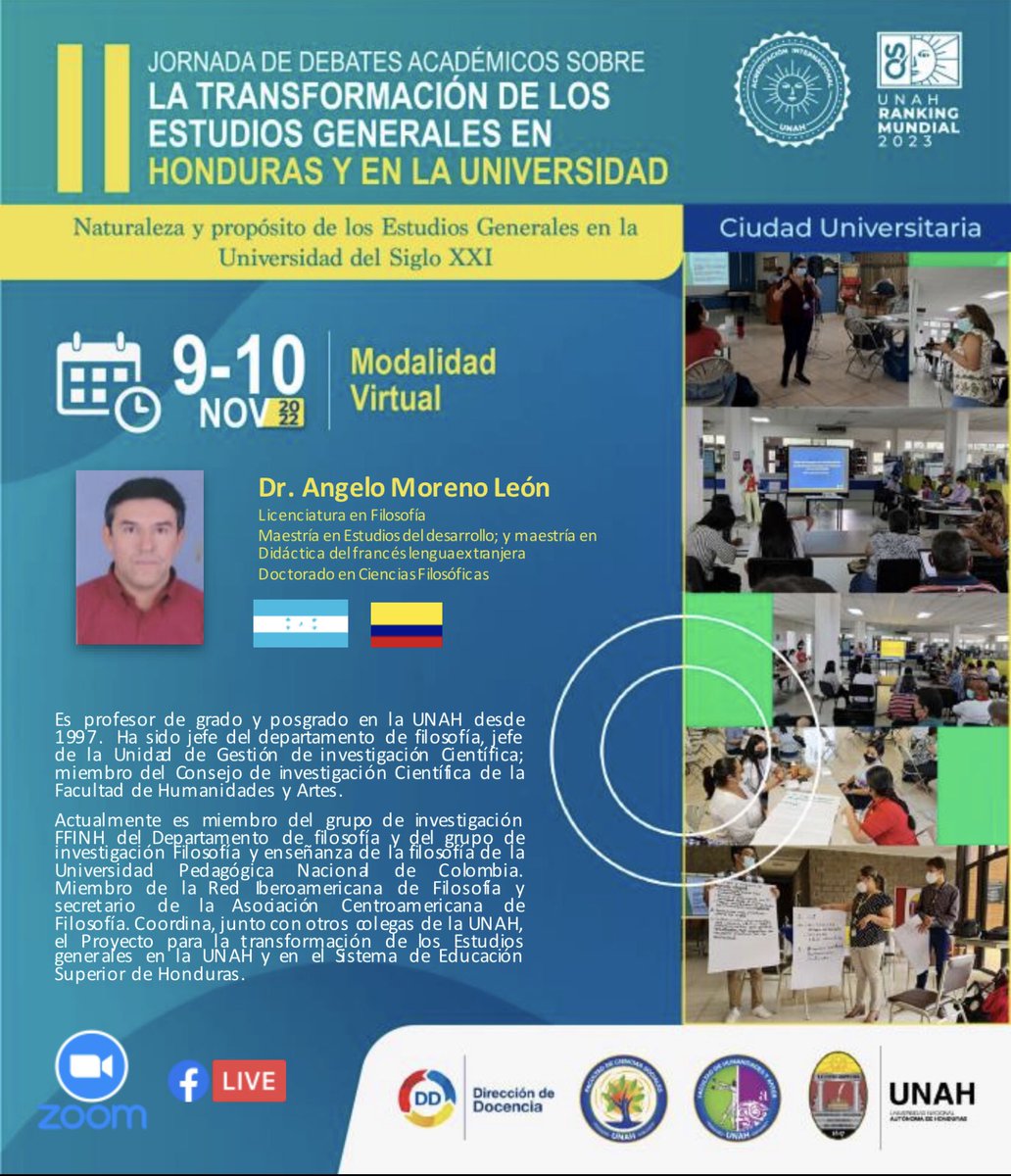 DocenciaUnah's tweet photo. Les esperamos. Conferencias iniciales de la jornada a cargo de los profesores Augusto Serrano y Angelo Moreno. 
Fecha: 9 noviembre 2022
Enlace de zoom: https://t.co/jFA6bGxfkS

ID de la reunión:  844 7381 7526
Contraseña: generales https://t.co/LYJaQXpxcE