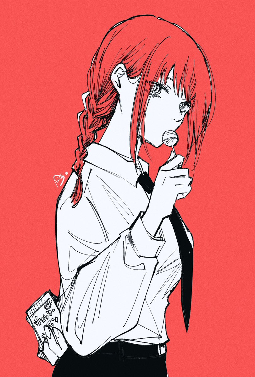 makima (chainsaw man) 1girl candy food solo red background braid lollipop  illustration images