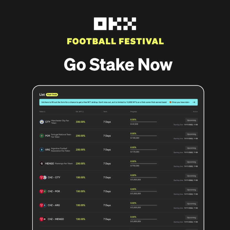 okx's tweet photo. ⚽️ Introducing #OKX Football Festival Staking! ⚽️

With the most popular fan tokens from @Chiliz, #OKXEarn is offering high-yield staking products with up to 3️⃣0️⃣0️⃣% APY 🥁

📅 11am, Nov 11 (UTC)
🚀 First 10,000 users eligible for a #NFT airdrop &amp; 1⃣️Ⓜ️ dollar prize pool!

⤵️