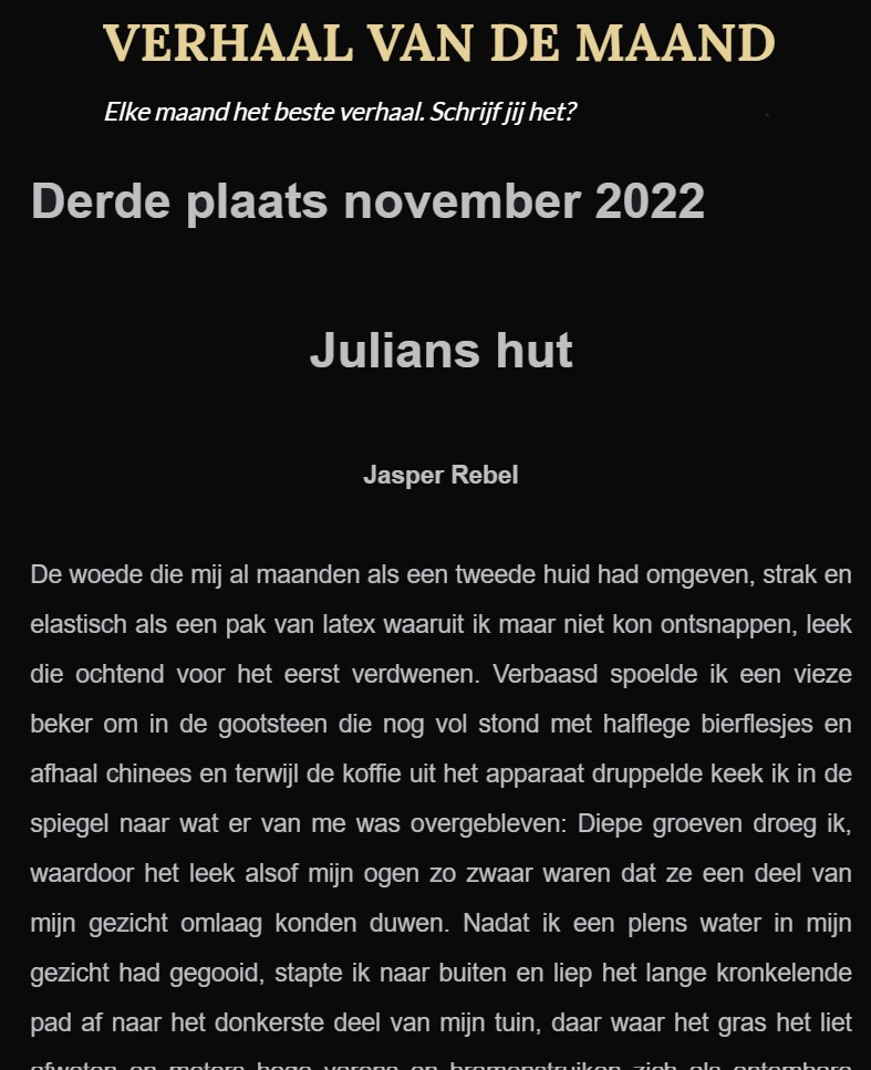 Jasper Rebel wint de derde plaats van Verhaal van de Maand in november 2022!
Gefeliciteerd!!

verhaalvdmaand.blogspot.com/2022/11/novemb…

#verhaalvdmaand #verhaal #schrijfwedstrijd #schrijven 
#jasperrebel
