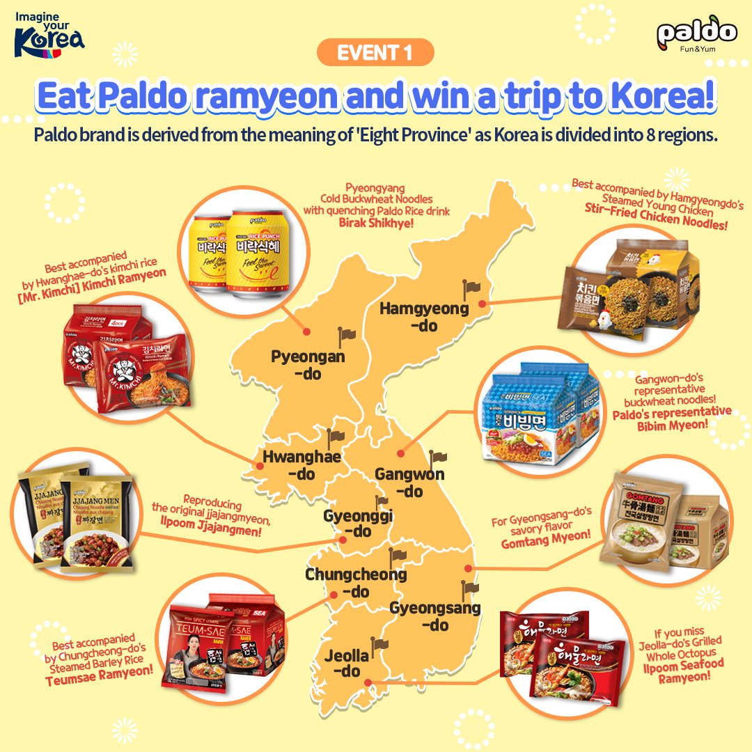 KoreanTravel's tweet photo. 2 Special VISITKOREA X Paldo Collaboration Events!😍
A grand prize is a round-trip flight tickets to Korea for 2?!😃
Make sure to read all the instructions on the Google forms before starting, especially the notes on second page # 2 &amp; 4!😉
💠 Event 1: https://t.co/ecqpfIuts2 https://t.co/UrG5Lgc1bx