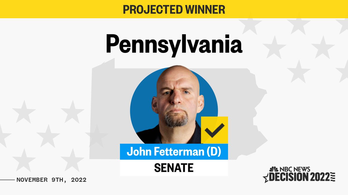 MSNOWNews's tweet image. BREAKING: Democrat John Fetterman wins U.S. Senate race in Pennsylvania, NBC News projects. on.msnbc.com/3TfvQaI