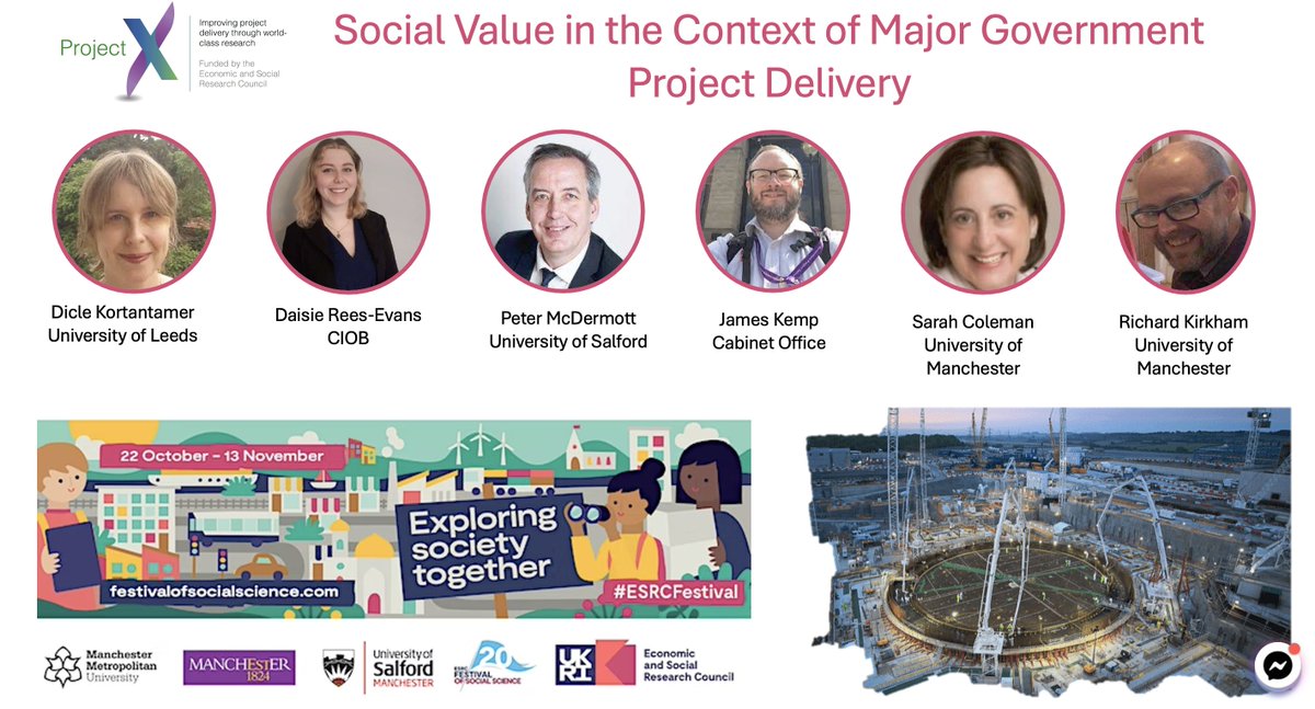 **HAPPENING TODAY** Join us at 1030 for a panel discussion on social value in government major project delivery featuring @LeedsUniEng @SalfordUni @cabinetofficeuk @theCIOB and @OfficialUoM #ESRCFestival #McrESRCFest @ESRC @IPAProjectX