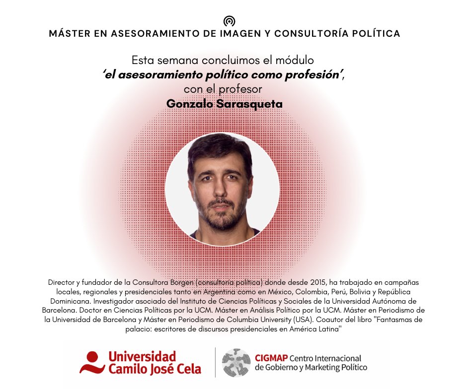 Semana intensa en nuestro máster con el módulo: el asesoramiento político como profesión, con la participación del profesor y especialista en comunicación política, Gonzalo Sarasqueta.
#comunicaciónpolitica #ucjc #gigmap #comupl #cienciapolitica