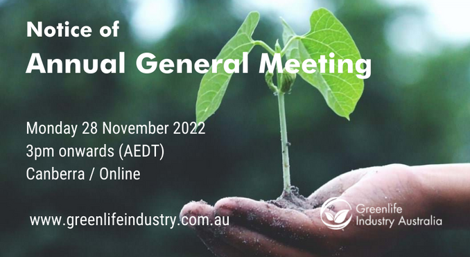 GIA invites all members to attend our AGM in person in Canberra or online at 3pm on Monday 28 November 2022. More info here: greenlifeindustry.com.au/notice-of-annu… #greenlife #industry #members #agm #agm2022 #australia