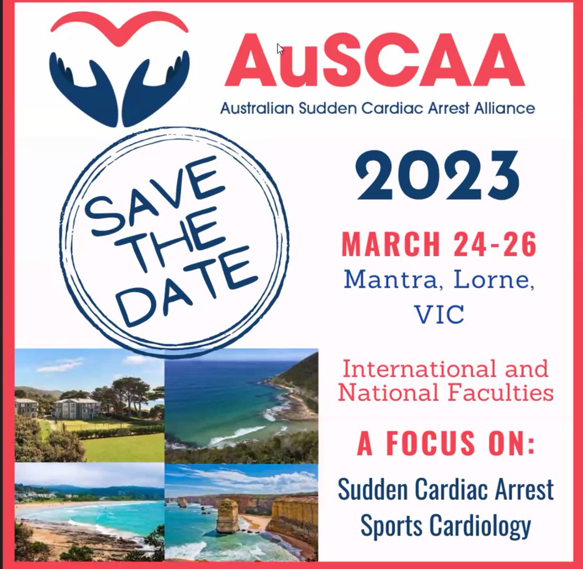A/Prof Jessica Orchard (@jessicajorchard) on Twitter photo SAVE THE DATE - sports cardiology and sudden cardiac arrest conference March 24-26 in Lorne, Vic, Australia.
Sports cardiologists, sports physicians, researchers all welcome. Amazing program and speaks. More details to follow soon.
<a href="/ALaGerche/">Andre La Gerche</a> @bdebneygray <a href="/csanz/">Christian Sanz</a> SAVE THE DATE - sports cardiology and sudden cardiac arrest conference March 24-26 in Lorne, Vic, Australia.
Sports cardiologists, sports physicians, researchers all welcome. Amazing program and speaks. More details to follow soon.
<a href="/ALaGerche/">Andre La Gerche</a> @bdebneygray <a href="/csanz/">Christian Sanz</a>