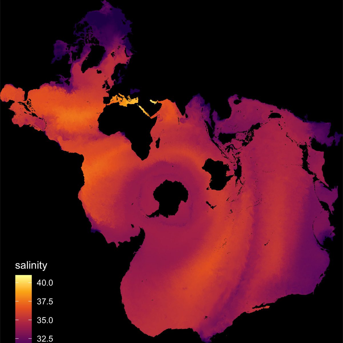 SeadogAI's tweet photo. #30DayMapChallenge - Spilhaus projection of today's sea surface salinity. Data: HYCOM. Looks a little better in dark mode.
#RStats #oceans https://t.co/RsT6kvived