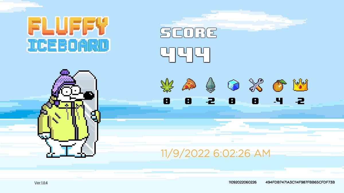 I've scored 444 (thanks for -4 points <a href="/wonderpals/">WONDERPALS 🌱</a> 🫤) with my Fluffy at Fluffy Iceboard Season 2 built by <a href="/polarbearsnft/">Fluffy Polar Bears</a>. You can’t beat <a href="/polarbearsnft/">Fluffy Polar Bears</a> community, or can you? #fluffyiceboardS2  linktr.ee/fluffyiceboard…