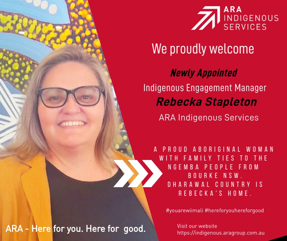 We proudly welcome 'Rebecka Stapleton', newly appointed Indigenous Engagement Manager, to our ARA Indigenous Services Team.
Rebecka is currently the chairperson of Tharawal Local Aboriginal Land Council, giving her the opportunity to gain and build on community. 
<a href="/araisservices/">ARA Indigenous Services</a>