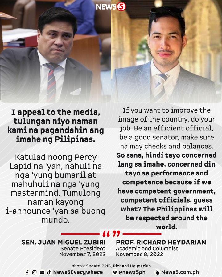 News5PH's tweet photo. "IF YOU WANT TO IMPROVE THE IMAGE OF THE COUNTRY, DO YOUR JOB"

Ito ang pahayag ni academic at columnist Prof. Richard Heydarian kay Senate Pres. Migz Zubiri na umapela sa mga miyembro ng media na tulungan ang gobyerno na pagandahin ang imahe ng Pilipinas... https://t.co/W22ZPCrWZ5