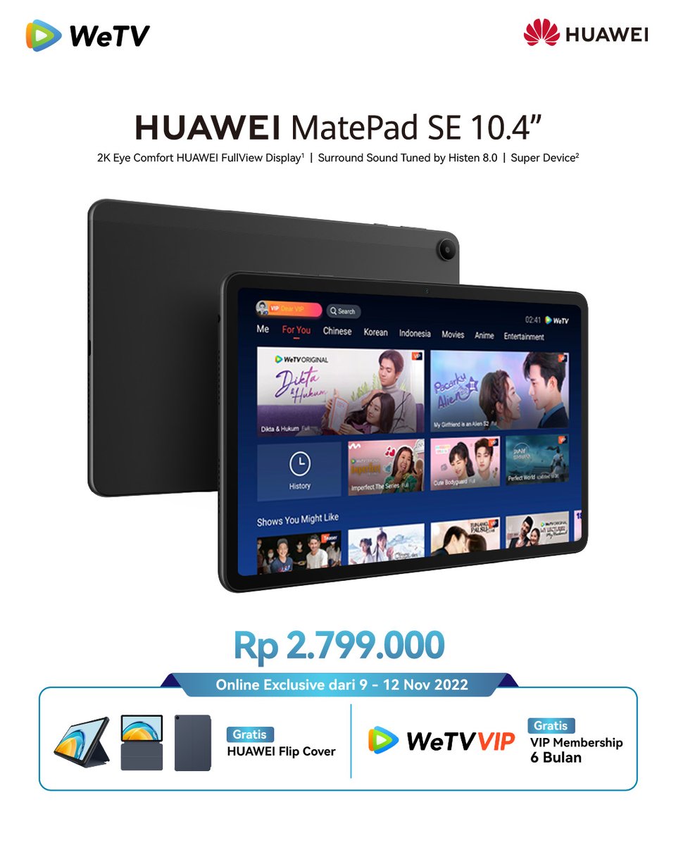 WeTVIndonesia's tweet photo. KABAR BAIK BUAT KALIAN SEMUA, kamu bisa dapetin VIP WeTV 6 bulan seacara GRATIS setiap pembelian Huawei Mattpad SE 10.4"" lohh, promo ini berlaku mulai 9-12 November aja, jadi yuk beli sekarang jugaa https://t.co/q8wSoUTDGa

#WeTVIndonesia #NontonDiWeTV #WeTVID #Huawei #VIPWeTV https://t.co/3cop8awLH4