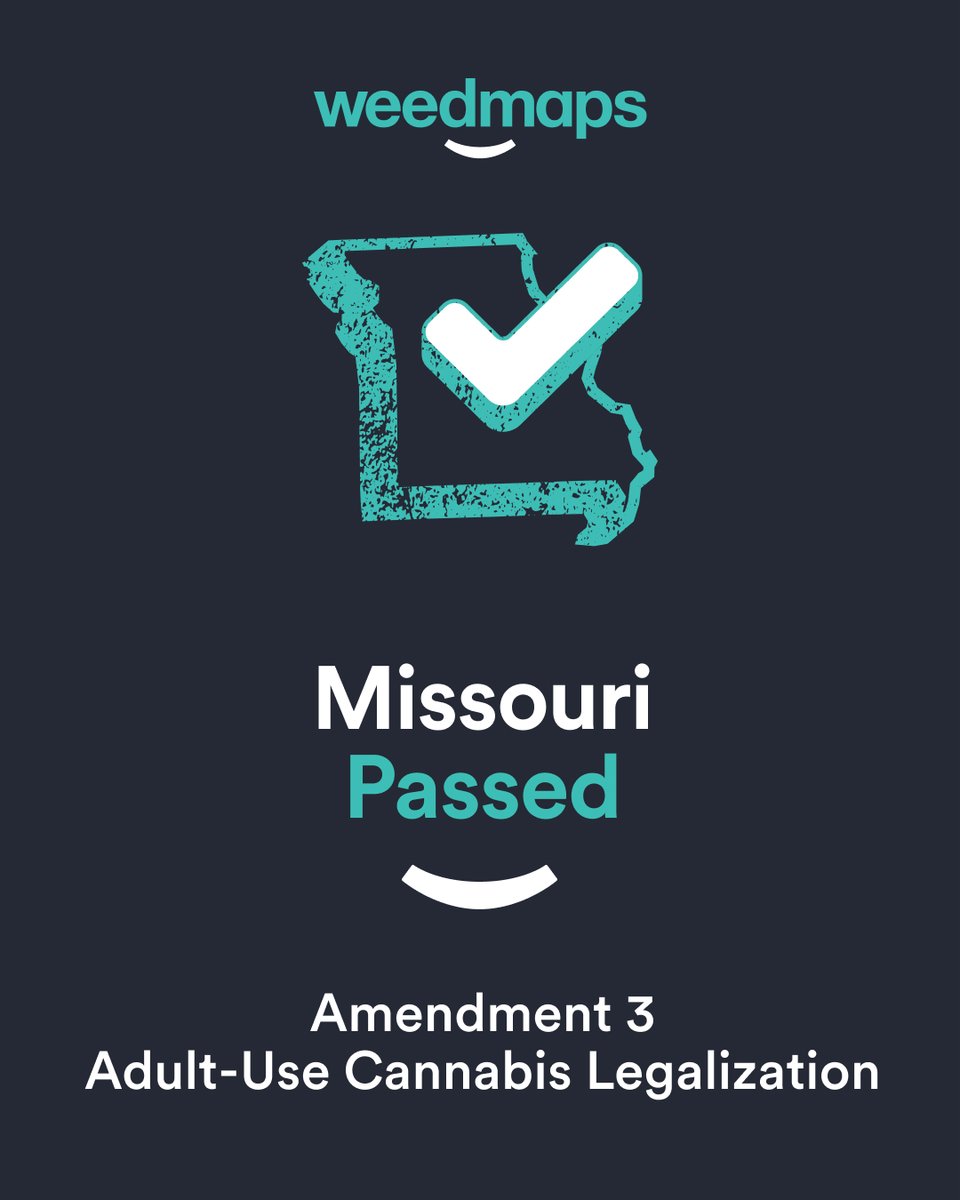 BREAKING: Congratulations #Missouri! 🗳 Missouri voters have approved Amendment 3, legalizing cannabis for adults 21 and older! 🌿

#ElectionDay #Midterms2022