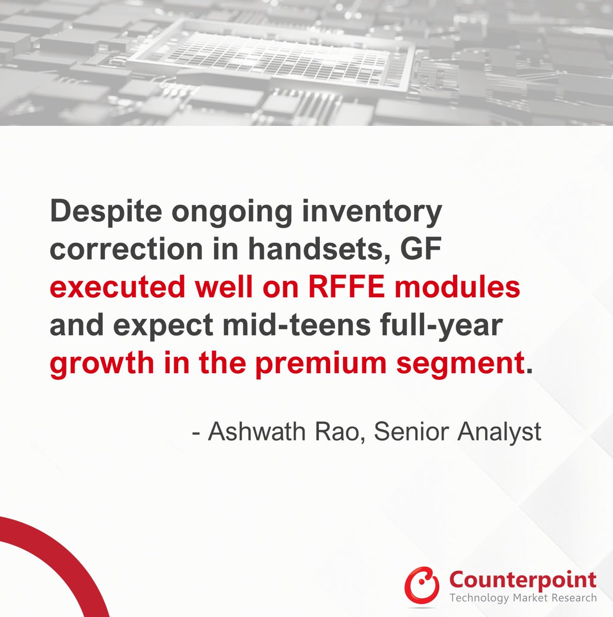 GlobalFoundries reported strong earnings for Q3 2022 with one of the big takeaways being growth in smartphones driven by premium segments.

Our Senior Analyst <a href="/ashwath_rao80/">Ashwath Rao</a> will be publishing his thoughts shortly: counterpointresearch.com/blog/

<a href="/GlobalFoundries/">GlobalFoundries</a> #technology #technews