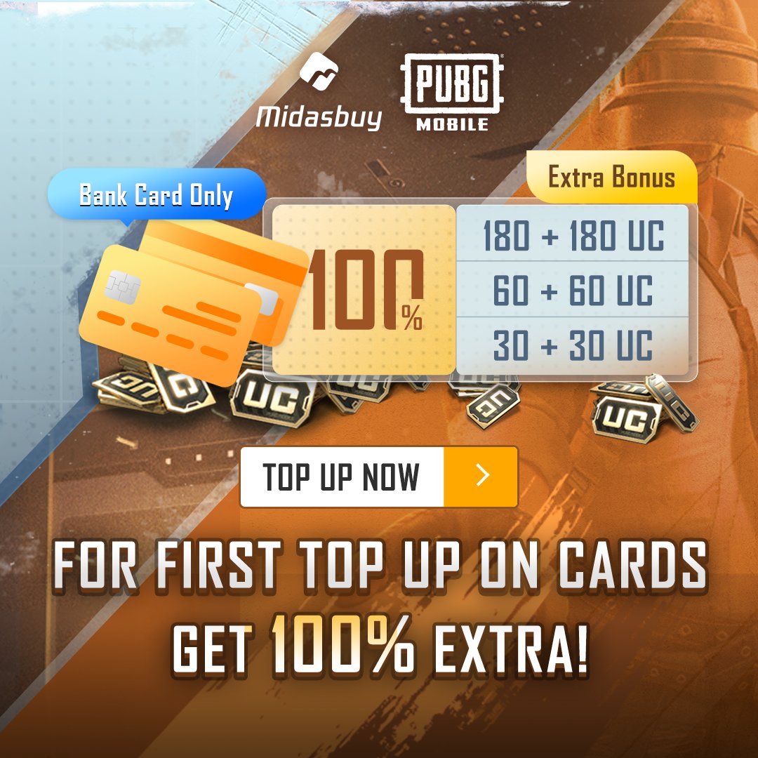Midasbuyglobal's tweet photo. Pay by credit card on #Midasbuy to enjoy additional 1️⃣0️⃣0️⃣% bonus UC on first purchase!🎉
🔗https://t.co/1kN5AQBcpW 

✅ Notes
1. The offer is only available when recharge 30UC, 60UC or 180UC
2. You can get the bonus once for all

#PUBGMOBILE #Card https://t.co/5O4jOMFcNC