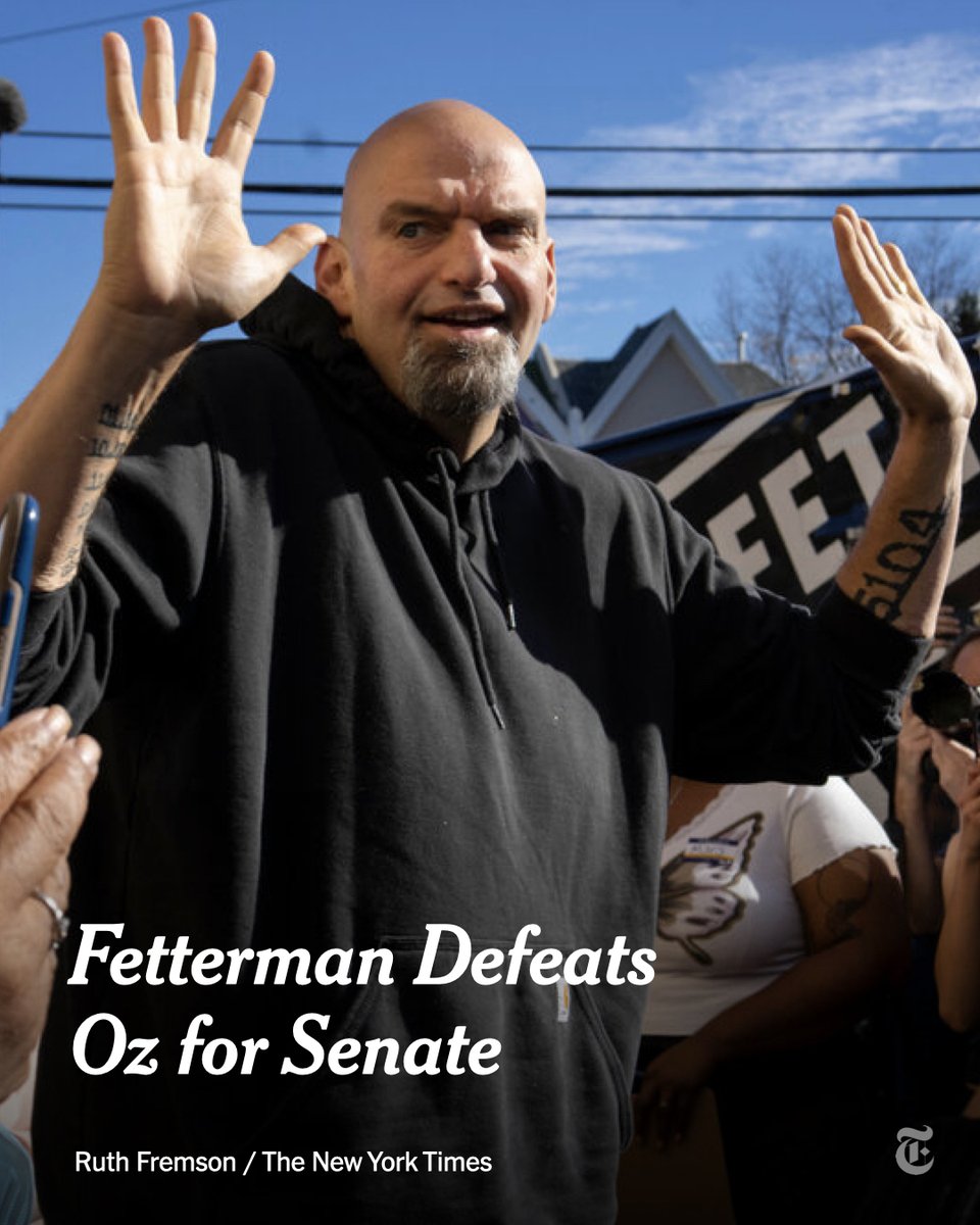 Breaking News: John Fetterman won Pennsylvania’s Senate race, flipping the seat for Democrats. He beat Mehmet Oz, the Trump-endorsed celebrity doctor, after surviving a near-fatal stroke in May. nyti.ms/3UHW46G