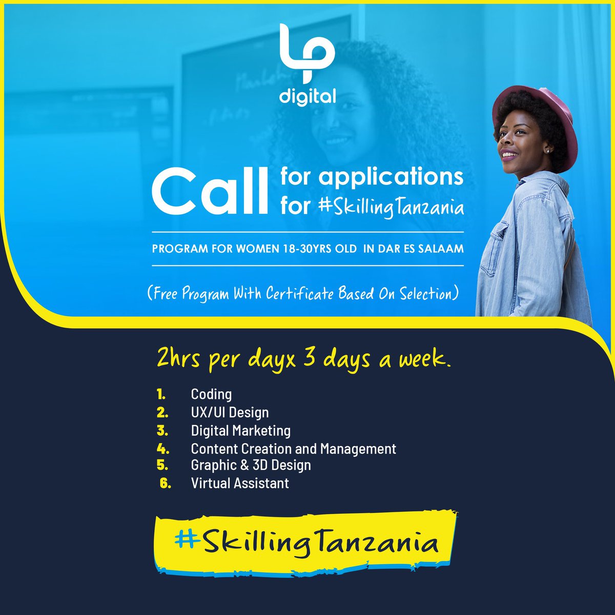 #DigitalTanzania Training Program for Women based in Dar es Salaam. 

Apply here docs.google.com/forms/d/e/1FAI…

#SkillingTanzania
