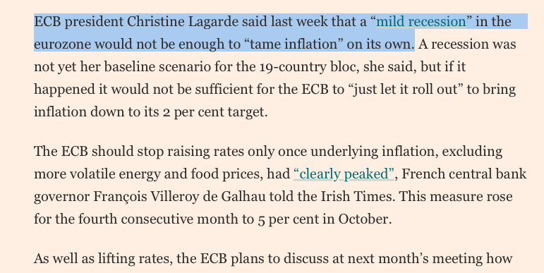ECB president Lagarde: a "mild recession" won't be enough to "tame inflation". ECB is set to "dampen demand" further. Would the ECB please be explicit how much demand and job destruction they think would be required to bring inflation down, which is mainly driven by energy/food?