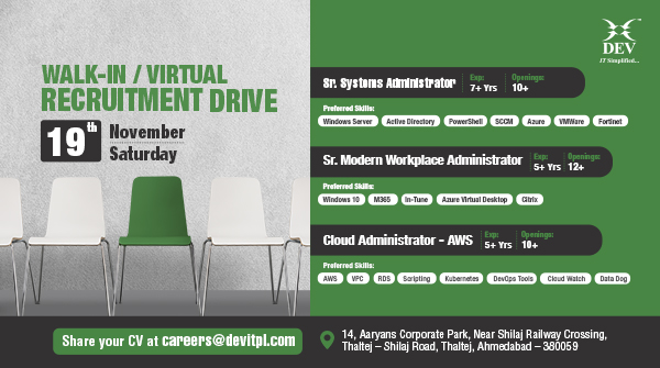 DEVITPL's tweet image. Become a part of the team that leads the Digital Transformation @DEVITPL. We have organized a Walk-in/Virtual Recruitment Drive for multiple positions on 19th Nov 2022. Share your resume at careers@devitpl.com
#systemadministrator #cloudadministration #jobhiring #ahmedabadjobs