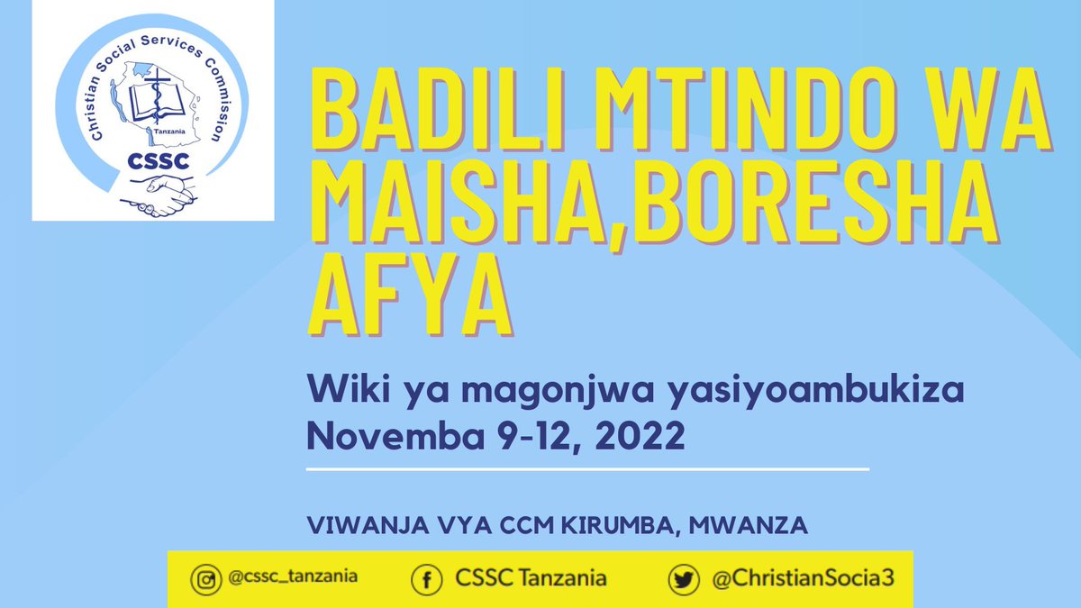 Karibu utembelee banda letu kwenye maadhimisho ya wiki ya magonjwa yasiyoambukiza yanayofanyika mkoani Mwanza, kwenye viwanja vya CCM Kirumba kuanzia leo mpaka tarehe 12 Novemba. Njoo uone mkakati wa CSSC kutokomeza magonjwa yasiyoambukiza kupitia hospitali za makanisa.
#NCDWeek