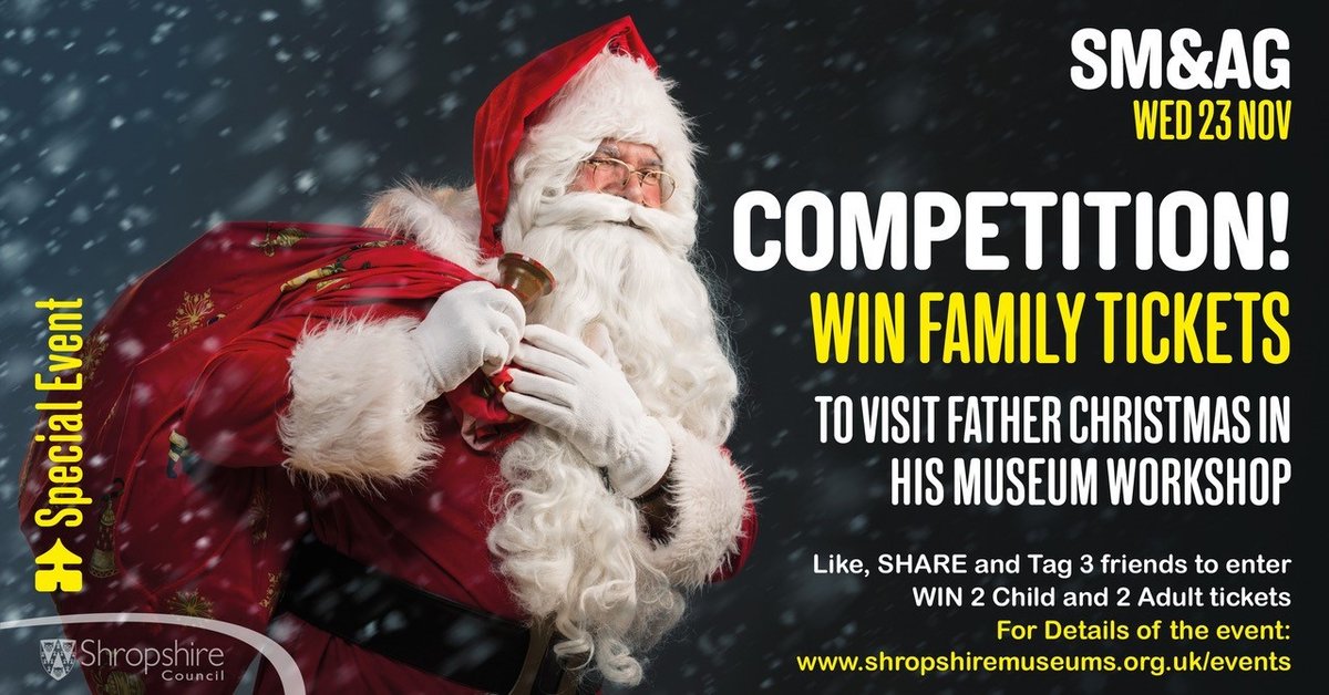 shrewsmuseum's tweet photo. 🎅🏼 WIN FAMILY TICKETS
For 2 kids &amp; 2 adults to see FC in his workshop @shrewsmuseum on Wed 23 Nov
🎅🏼 RETWEET &amp; Tag 3 friends

🎅🏼 Winner notified Wed 16 Nov
https://t.co/mxOWEzxerj

#ShrewsburyChristmas #VisitFatherChristmas
@ShropCouncil @OriginalShrews @ShrewsburyTC @MyShrews https://t.co/WMiDdzbpA8