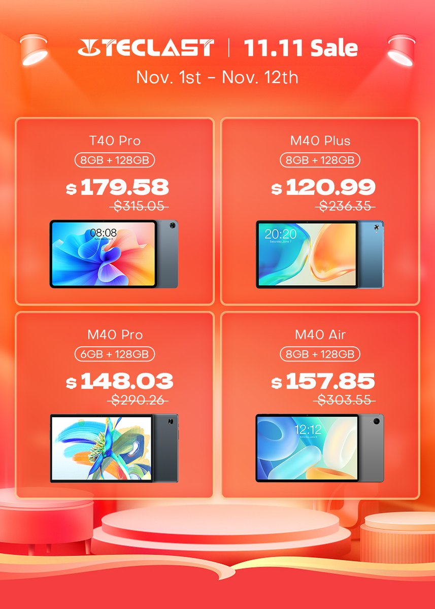 TeclastOfficial's tweet photo. Here are some of our best deals this Teclast x AliExpress #1111sale🔥🔥 - enjoy the annual biggest savings on #T40Pro, #M40Plus, #M40Pro, and #M40Air. Which one is your favorite deal? 😉
🛍️Shop the best deals now: https://t.co/mw5ISpBtvi
#Teclast #AliExpress #1111sale #tablet https://t.co/ueQtXnUZdo