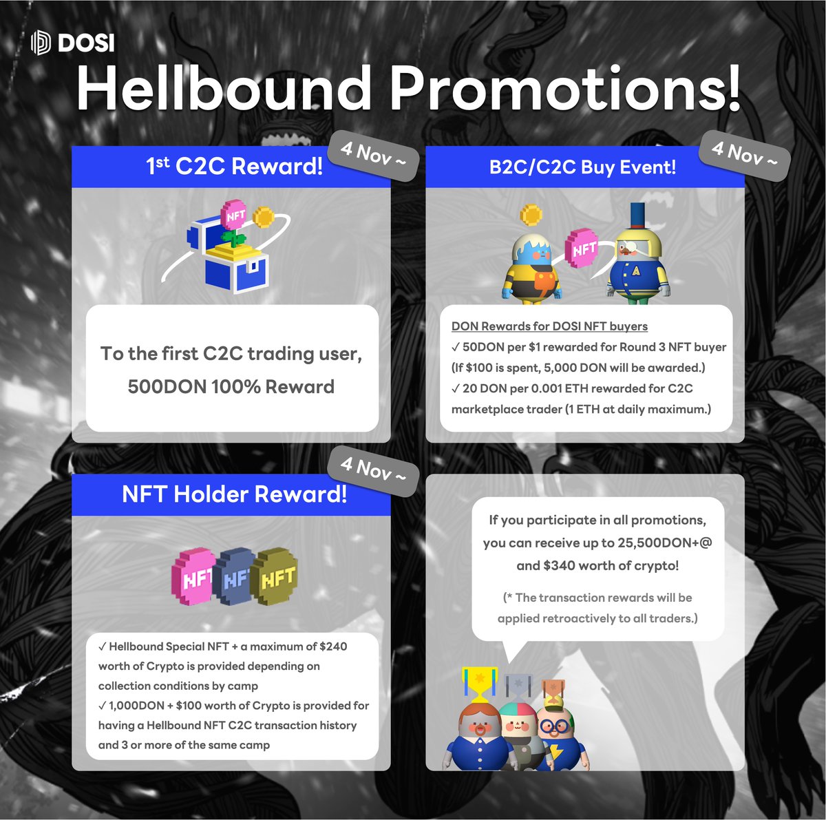 DOSI_official's tweet photo. 🔥Hellbound NFT C2C Trade &amp; Special Promotions LIVE!🔥

🏆
If you participate in all promotions, 
you can receive maximum of 25,500DON+@ a day &amp;
$340 worth of Crypto reward!

Get NFT Now 👉https://t.co/XCL4i5GSNo https://t.co/1G3wBH9SFc