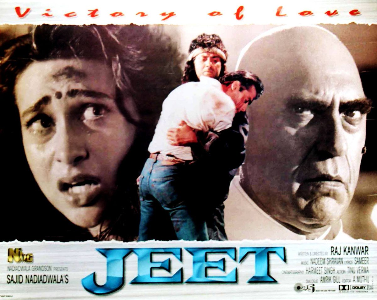 GaurangChauhan's tweet photo. Came across this... such an interesting &amp; I'd say progressive poster. 

Usually it's "hero" &amp; "heroine" embracing each other in the middle with head shots of other major characters of the film on either side.

#Jeet @iamsunnydeol @BeingSalmanKhan #KarismaKapoor #AmrishPuri https://t.co/8RMgQGoyoD