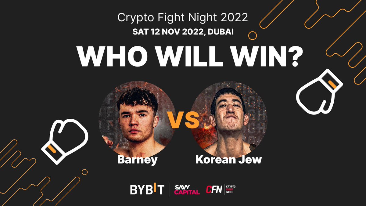 Bybit_Official's tweet photo. Want to win a full set of limited edition CFN merch? @CryptoFightWeek 

1️⃣ Follow @Bybit_Official
2️⃣ Like this post
3️⃣ QT, hashtag #BybitxCFN and let us know who you think will be the winner @barneytheboi @koreanjewcrypto 

Catch #CryptoFightNight 2022 at: https://t.co/hdUqLvkJV9 https://t.co/Do0fPbvaQx