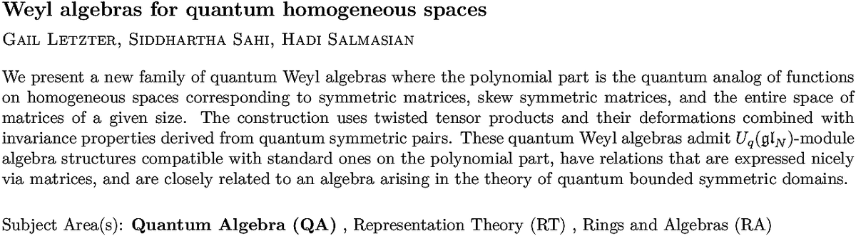 arxiv.org/abs/2211.03833…
G Letzter et. al.
Weyl algebras for quantum homogeneous spaces
