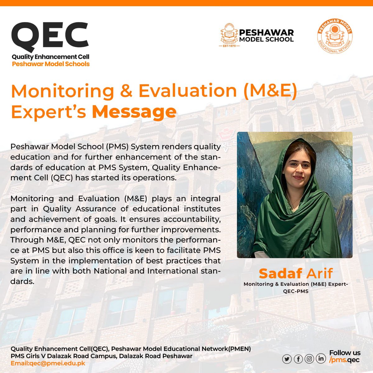 pms_qec's tweet photo. Ms. Sadaf Arif,  Monitoring and Evaluation Expert ,QEC-PMS has been with QEC since its establishment and focused on effective enhancement of quality of education at PMS.
#qualityenhancement #qualityeducation #monitoringandevaluation #bettereducationbetterfuture #qec #pms https://t.co/5gMW4NEhnS