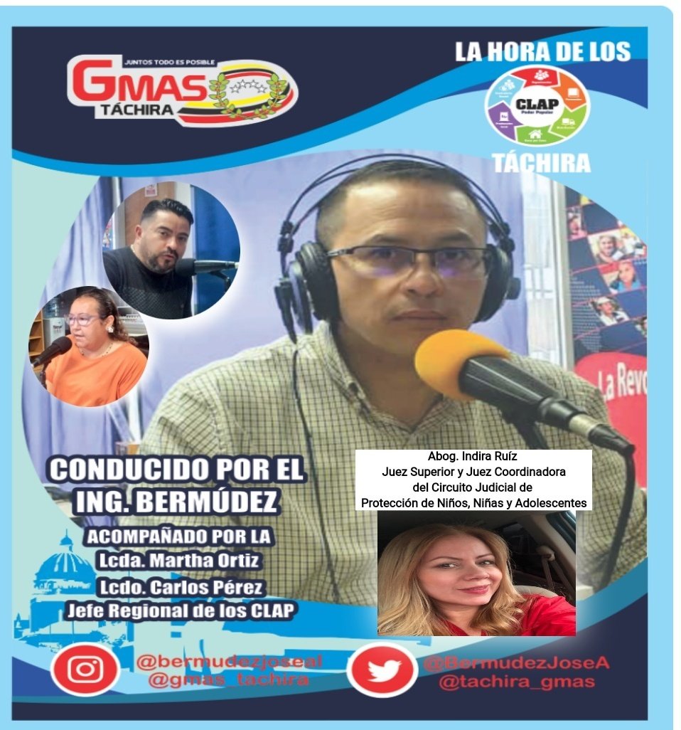 #09Nov Mañana a las 8 am nos encontramos por 94.5 fm <a href="/YvkeTachira/">Yvke Tachira</a> en "La Hora de los Clap" con una invitada de lujo, la  Abog. Indira Ruíz, Juez Superior del Circuito Judicial de Protección de Niños, Niñas y Adolescentes
#ClapTachiraProteccionSocial 
<a href="/FreddyBernal/">Freddy Bernal</a>
