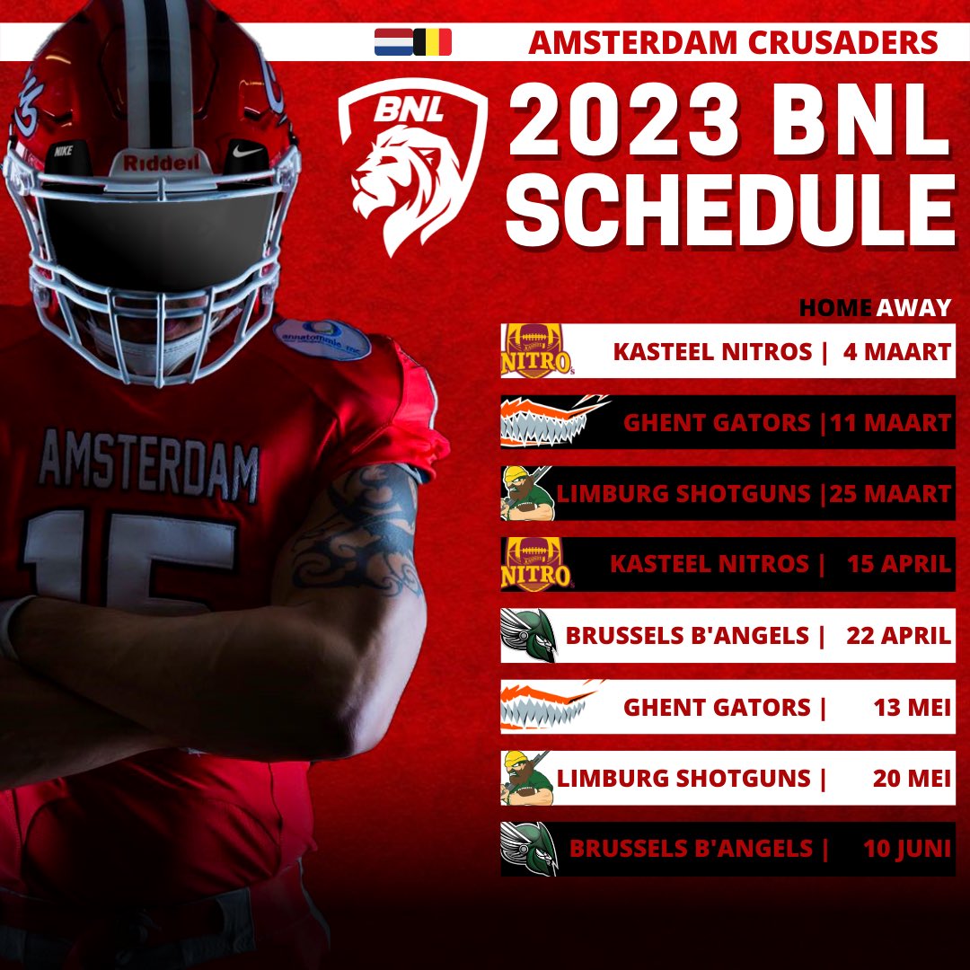 Aankomend seizoen nemen de Crusaders weer deel aan de BNL Football League. Bekijk hier het 2023 speelschema 🔔