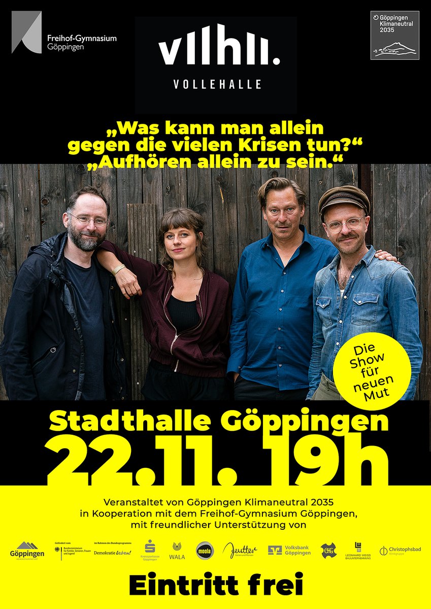 CharakterZeigen #UnsereGenerationUnserJob (@charakterzeigen) on Twitter photo <a href="/vollehalle/">vollehalle</a> kommt nach Göppingen! D.h. neuartiger Mix aus Kultur und Info, Mutmacher inmitten aller Krisen.
Dienstag, 22.11.2022
<a href="/kaischaechtele/">Kai Schächtele</a> <a href="/oetting/">Martin Oetting | @oetting@mastodon.social</a> <a href="/mbukowski/">Michael Bukowski</a>
stadthalle-goeppingen.de/veranstaltunge… <a href="/vollehalle/">vollehalle</a> kommt nach Göppingen! D.h. neuartiger Mix aus Kultur und Info, Mutmacher inmitten aller Krisen.
Dienstag, 22.11.2022
<a href="/kaischaechtele/">Kai Schächtele</a> <a href="/oetting/">Martin Oetting | @oetting@mastodon.social</a> <a href="/mbukowski/">Michael Bukowski</a>
stadthalle-goeppingen.de/veranstaltunge…