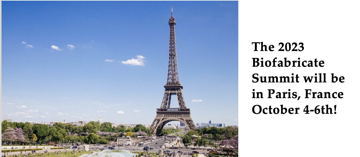 Le sommet @Biofabricate aura lieu à Paris /France du 4 au 6 octobre 2023 !

L'occasion de re-découvrir les projets, les acteurs, les investisseurs qui construisent avec la biologie. 

Envie de participer ?
-> lnkd.in/eQBtk39N
#Biofabrication #MaterialRevolution #BioFab