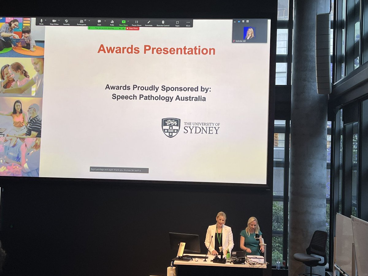 <a href="/DrKimba/">Kimberley Docking</a> and <a href="/EliseElbourn/">Elise Bogart</a> giving out awards at the <a href="/Sydney_Uni/">University of Sydney</a> speech pathology awards at our research symposium sponsored by <a href="/SpeechPathAus/">Speech Pathology Australia</a>